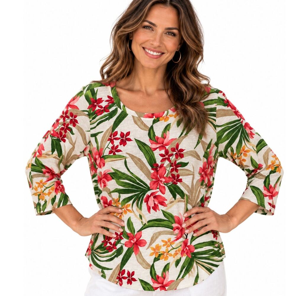 Tommy Bahama Tropical Knit 3/4 Sleeve Top Womens Large White Hawaiian Floral Tee